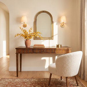 Bureau d'écriture moderne en bois avec tiroir à façade cannelée, finition noyer, table d'étude minimaliste, mobilier de bureau contemporain pour la maison - Product Image 2
