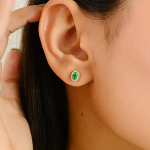 Stunning Delicate Design Minimalist Emerald & Diamond <b>Small</b> Halo <b>Stud</b> <b>Earrings</b> Graduation Gift 18K Solid Yellow Gold Jewelry - Product Image 2