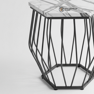 Mesa de Centro de Lujo de MDF Blanco y Madera Maciza, Forma Hexagonal, Taburete de Metal con Recubrimiento de Polvo Negro, Minimalista, para Dormitorio o Entrada - Product Image 5