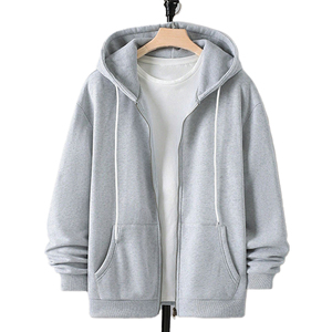 Sudadera con capucha y cremallera para hombre – 100% algodón, gris jaspeado, capucha con cordón ajustable, bolsillos frontales tipo canguro - Product Image 1
