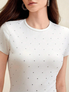 T-shirt à manches courtes pour femme, coupe classique, 100% coton, respirant, anti-rides, séchage rapide, noir uni, orné de strass personnalisés - Product Image 6