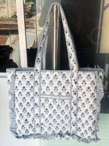 <b>Large</b> Cotton Quilted Frill Tote <b>Bag</b> Block printed floral Tote <b>Bag</b> Personalized bride custom Name Tote <b>Bags</b> <b>Christmas</b> <b>Gift</b> - Product Image 1