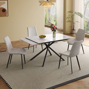 Set Tavolo da Pranzo Rettangolare Moderno con Piano in Pietra Sinterizzata Retrattile e Gambe in Acciaio al Carbonio Nero, Design Rettangolare Elegante - Product Image 1
