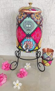 Distributeur d'eau en cuivre à motif mandala coloré avec couvercle et ensemble de tasses assorties - Product Image 6