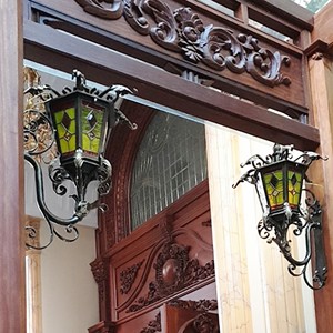 ST M THUT KHP Traditional Wrought Iron <b>Wall</b> Lamp E26 LED Ra90 Gold Multicolored Glass Shade Outdoor Rectangular Design <b>Remote</b> - Product Image 5