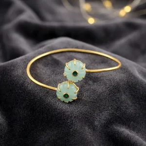 Brazalete Abierto Ajustable de Latón Chapado en Oro de 18K para Mujer, con Piedra Preciosa Natural de Ojo de Gato en Forma de Flor, Color Rosa Acuático y Gris - Product Image 5