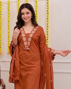 Elegant Rust Brown Floral Embroidered Kurta Palazzo <b>Dupatta</b> Set Women Ethnic 3 Piece Suit For Wholesale - Product Image 3