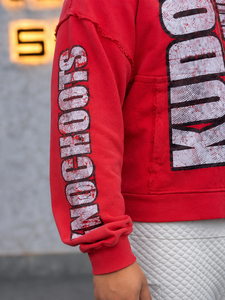 Custom Red Distressed <b>Zip</b> <b>Up</b> <b>Hoodie</b> Oversized Streetwear <b>Graphic</b> Print Rhinestone Studded Hood Unisex Manufacturer Wholesale OEM - Product Image 4