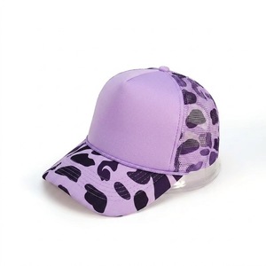 Unisex Purple Leopard Print Trucker Hat <b>Mesh</b> Fabric Adjustable Snapback Casual Cap Spring Summer Outdoor Wear - Product Image 1