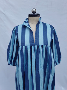 Vestido Midi de Algodón con Cuello Fruncido a Rayas para Mujer, Corte Holgado, Manga Larga, Uso Diario, Estilo Boutique - Product Image 2