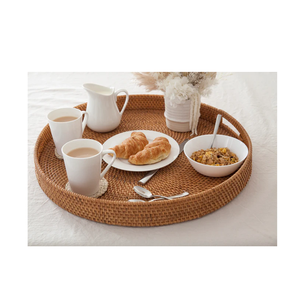 Plateau de service artisanal en rotin de qualité supérieure, avec poignées en bois massif, plateau décoratif en fibres naturelles pour le thé et le café - Product Image 3