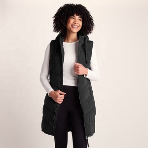 Gilet matelassé sans manches à capuche noir pour femme, long, zippé, d'hiver, en polyester, coupe-vent, décontracté - Product Image 4
