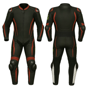 Traje de Motociclismo de Piel de Vacuno Genuina Negra con Paneles Rojos, Conjunto de 2 Piezas, Chaqueta y Pantalón - Product Image 1