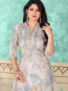 Conjunto de Kurta y Pantalón con Estampado Floral Casual de Moda Verano 2026 para Mujer, Talla Grande, Cuello en V, Tela de Algodón Muselina Gruesa - Product Image 3