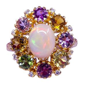 Gold Plated Cocktail <b>Ring</b> With <b>Opal</b> And Multicolor Stones Prong Setting Bohemia Style Women's Everyday Wear - Product Image 2