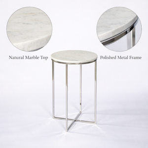 โต๊ะตกแต่งหินอ่อนสีขาวหรูหราพร้อมสแตนเลสสตีล |   โต๊ะข้างทรงกลมสไตล์มินิมอลสำหรับห้องนั่งเล่น ห้องรับรอง และตกแต่งบ้าน - Product Image 6