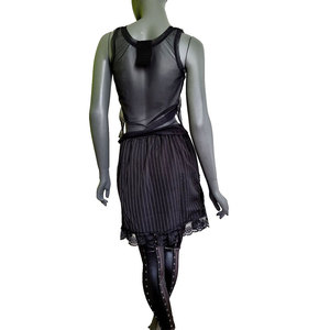 Gothic Punk Pinstripe Mini <b>Skirt</b> Women Lace-up Corset Front High Waist <b>Skirt</b> with Velvet <b>Patchwork</b> and Lace Trim - Product Image 5