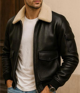 Chaqueta Bomber de Moda Vintage para Hombre, de Cuero Genuino, con Cuello Alto, Logotipo Frontal, Calefactable, Transpirable y de Secado Rápido, para Invierno - Product Image 3