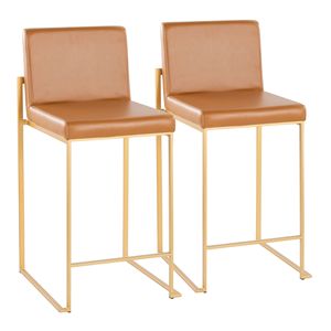 Ensemble de 2 tabourets de bar à dossier haut Fuji de 26 pouces au design contemporain avec métal doré et similicuir camel par Fuji - Product Image 1