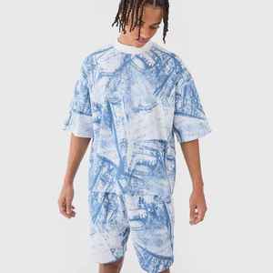 Men's Blue White Printed Polyester Stand <b>Collar</b> <b>T</b>-<b>Shirt</b> Shorts Set Breathable Color Blocking Digital Printing Casual Summer Wear - Product Image 1