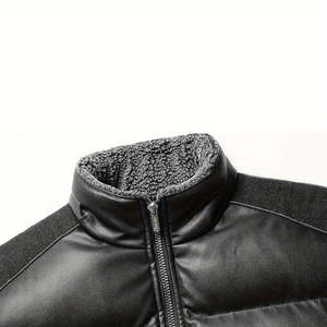 Veste matelassée en PU noire pour homme, col montant, fermeture éclair, coupe-vent, vêtement d'hiver décontracté, épaisse, longueur standard - Product Image 3