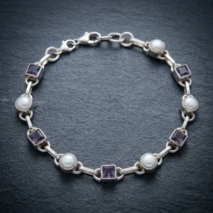 Classic 925 Silver <b>Chain</b> Bracelet With Freshwater Pearls And Amethyst Bezel Set Geometric Links For Women's Everyday Wear - Product Image 4