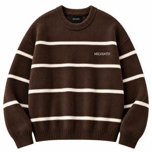 Pull en tricot rayé pour homme avec logo personnalisé marron, mélange de coton et d'acrylique, col rond, manches longues, pull de qualité supérieure - Product Image 1