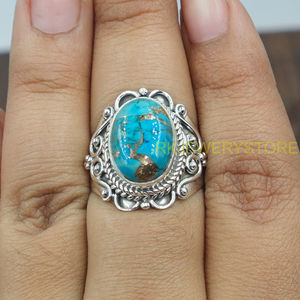 Anillo de Turquesa Azul Natural con Cobre, Plata de Ley 925, Hecho a Mano, Estilo Boho Vintage para Mujer - Product Image 3