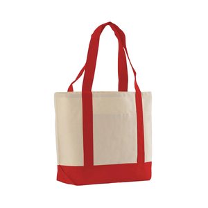 Sac fourre-tout en toile crème moyen réutilisable pour cadeaux et courses, avec poignées d'épaule rouges, poche avant, soufflet et impression de logo personnalisé, écologique - Product Image 2