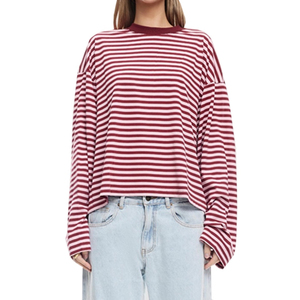 Camiseta de Mujer a Rayas, Manga Larga, Cuello Redondo, Tejido de Punto, Corte Holgado, Talla Grande, Largo Regular, para Todas las Temporadas, Transpirable, de Algodón - Product Image 1