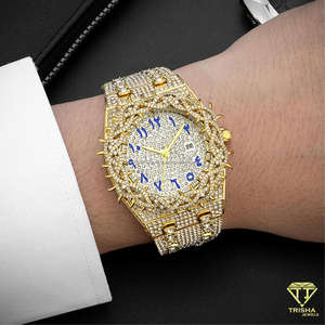 Montre haut de gamme plaquée or avec lunette couronnée, sertie de diamants Moissanite VVS, en argent sterling 925, pour homme, style Hip Hop. - Product Image 6