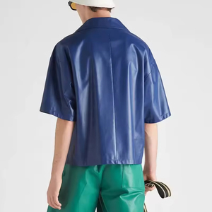 2026 New Design Custom Stand Collar Anti-Wrinkle Breathable <b>Half</b> Sleeve Blue Faux <b>Button</b> Down Chest Pocket Leather <b>Shirt</b> for Men - Product Image 2