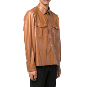 Men's Brown Leather Shirt Full Sleeve Turn-<b>down</b> Collar Casual Solid Color Autumn Style - Product Image 2