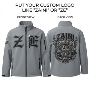 Mens 320GSM Polyester Spandex Softshell <b>Jacket</b> Gray Full Zip Stand Collar Wind Resistant Outdoor Workwear Custom <b>Rhinestone</b> Logo - Product Image 1