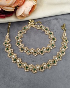 Paire de chevillères exquises en cristal perlé, finition or antique, bijoux de pied délicats pour mariage indien, Payal, ornés de pierres, vente en gros - Product Image 4