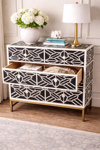 Console de rangement décorative en os incrusté, noir et blanc, avec tiroirs géométriques, pour salon et entrée - Product Image 4