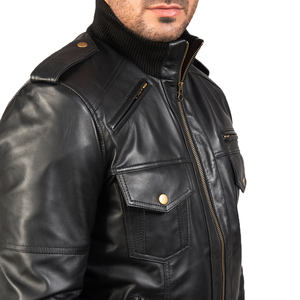 Blouson en cuir noir style vintage pour homme, col côtelé, poches utilitaires, veste de motard tendance, direct usine - Product Image 6