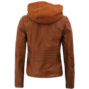 Premium Quality Women's Cognac Brown Real Lambskin Leather <b>Jacket</b> with Detachable Hood - Casual Slim Fit Moto - Product Image 2