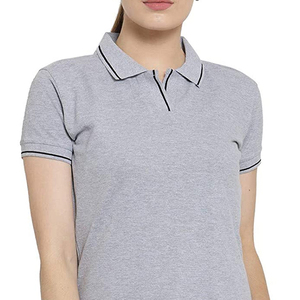 Polo à manches courtes gris pour femme, couleur unie, en coton tricoté, haut décontracté - Product Image 5