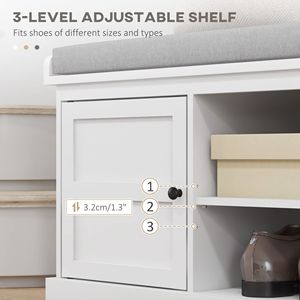 Banc d'entrée blanc réglable avec 2 armoires, coussin amovible et lavable, et étagères de rangement pour chaussures - Product Image 6