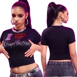 En gros, T-shirt court basique pour femme, mode estivale, col rond, avec logo en strass, style Baby Tee en cristal - Product Image 2