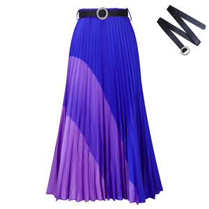 Jupe longue plissée évasée pour femme, style élégant en mousseline de soie avec blocs de couleur, ceinture taille haute, toutes saisons, grandes tailles, Afrique - Product Image 1