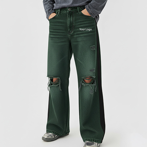 Wholesale Affordable Price Ripped Off STraight Leg Wide Botttom Denim Pants Streetwear Breathable Side Black Panels Jeans Pants - Product Image 1