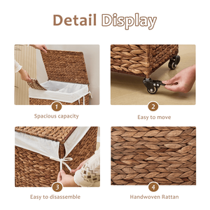 Cesto Portabiancheria in Giacinto d'Acqua Naturale Intrecciato a 2 Sezioni da 100L con Coperchio e Ruote per Facilità di Spostamento - Product Image 4