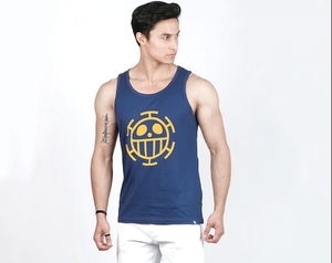 Men's Navy Blue Sleeveless Tank <b>Top</b> With Yellow <b>Skull</b> Logo Print O-Neck Casual Style 100% Cotton Breathable Knitted Fabric - Product Image 1