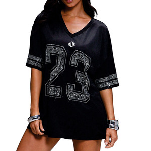 Maillot de football américain de luxe surdimensionné pour femme avec strass, col en V, en maille, streetwear, haut de sport, numéro personnalisé, mode, vente en gros OEM - Product Image 5