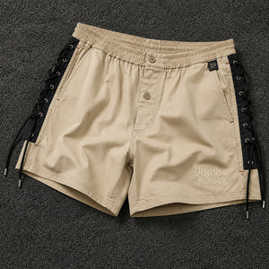 Low MOQ Cream Cotton Y2K Lace-Up <b>Boxer</b> Shorts Men's Streetwear Black Side Panels Oversized Casual Lounge Shorts Wholesale - Product Image 1