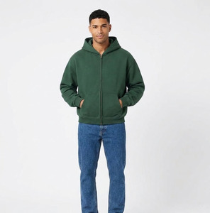 Sudadera con Capucha Verde para Hombre, Cierre de Cremallera, Felpa, Corte Regular, Color Sólido, Manga Larga, Algodón, Chaqueta Informal para Otoño - Product Image 1