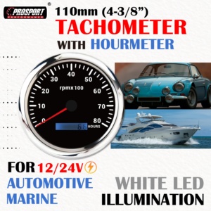 110mm 4-3/8 "tacómetro eléctrico 8000RPM HOURMETER 12/24V placa frontal negra retroiluminación LED blanca IP67 automotriz marino - Product Image 2