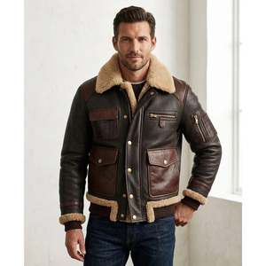 Customized Men Shearling Sheepskin Leather Eco Friendly Windproof Cozy Sherpa Fur <b>Lined</b> Winter Bomber Flight <b>Jacket</b> - Product Image 1